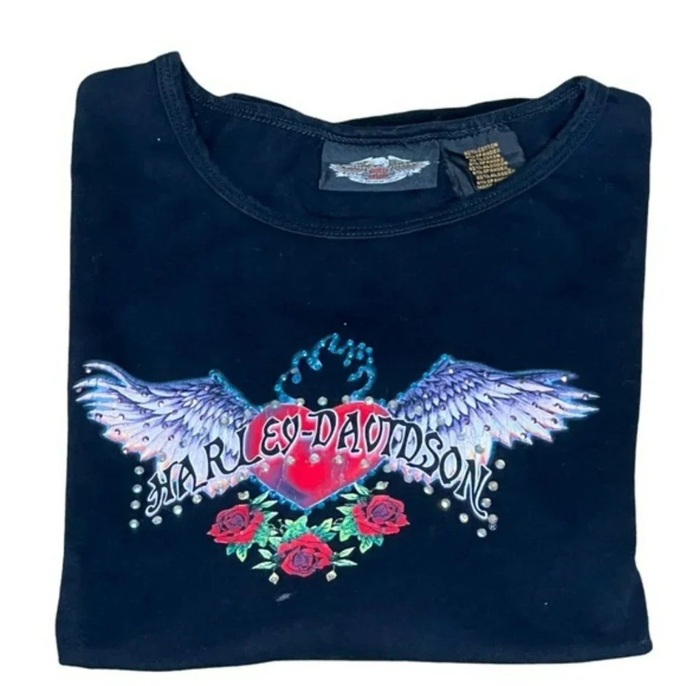 Harley Davidson Black Angel Heart Floral With Rhinestones Graphic Shirt Size XL - Picture 8 of 8